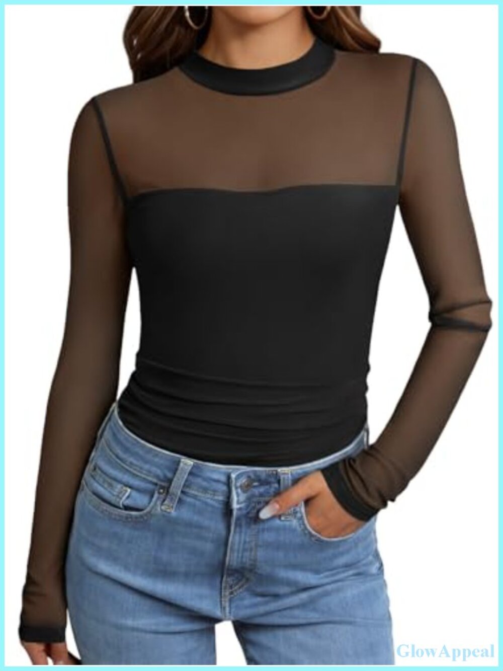 Lace Mesh Sheer Ruched Long Sleeve Mock Neck Top